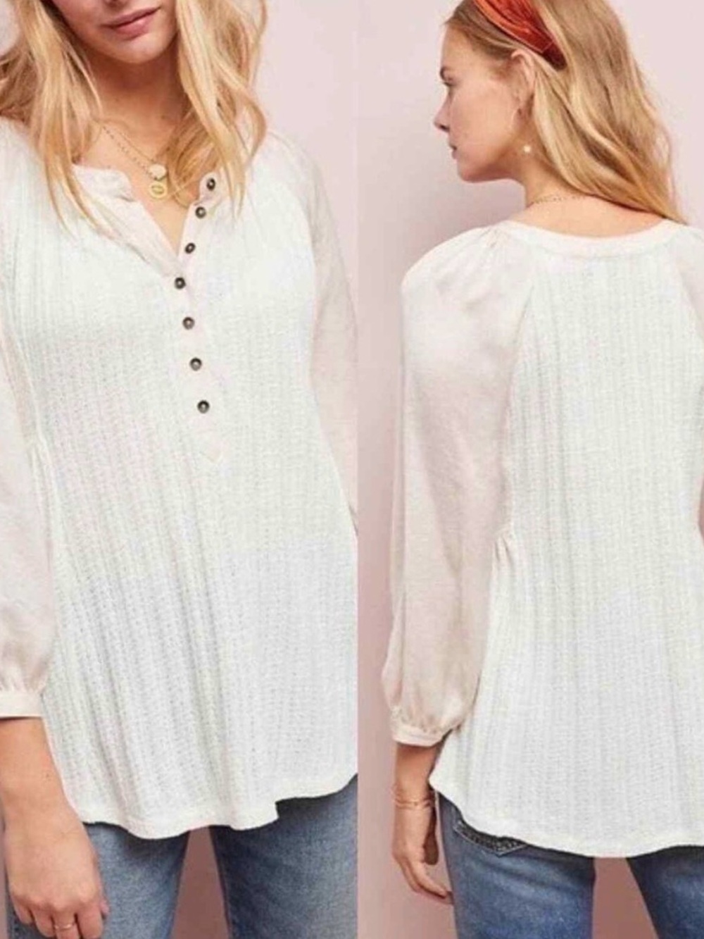 Anthropologie Cream Textured Button-Front Henley Tunic